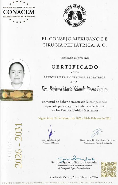 Certificado del Consejo Mexicano de Cirugía Pediátrica de la Dra. Bárbara María Yolanda Rivera Pereira, vigente de 2026 a 2031